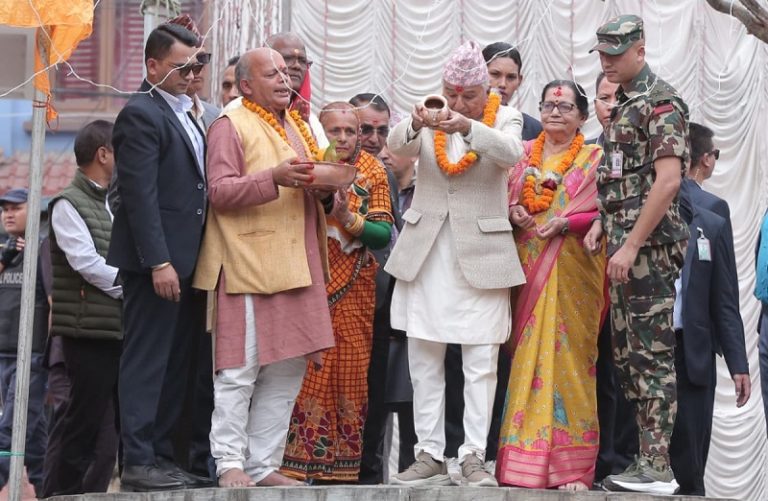 President Paudel visits Gaurighat to worship Chhathi Mata