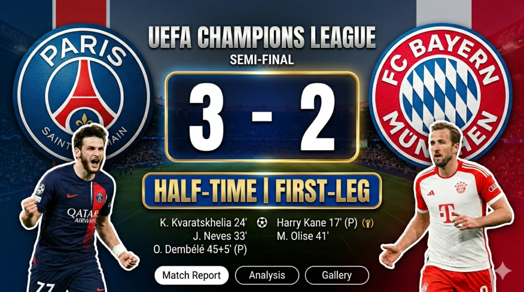 PSG 3- 2 Bayern Munich (HT): PSG Take Narrow Lead Over Bayern in Thrilling Champions League Semi Final First Leg