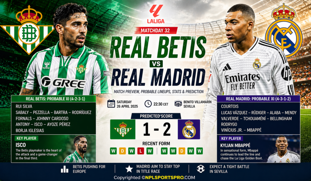 Real Betis vs Real Madrid – La Liga Matchday 32 Preview, Probable Lineups, Prediction & Key Details