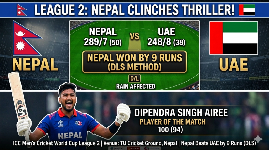 Nepal beats UAE by 9 runs through the DLS in ICC CWC League 2