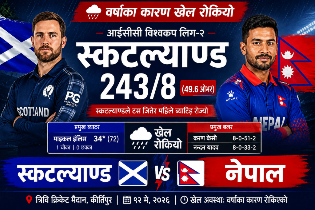 वर्षाका कारण रोकिएको खेलअघि स्कटल्याण्डद्वारा नेपालसामु २४३ रनको प्रतिस्पर्धात्मक लक्ष्य