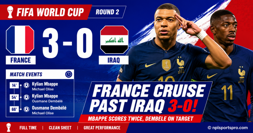 France Cruise Past Iraq 3-0 as Mbappe and Dembele Shine in FIFA World Cup Round 2