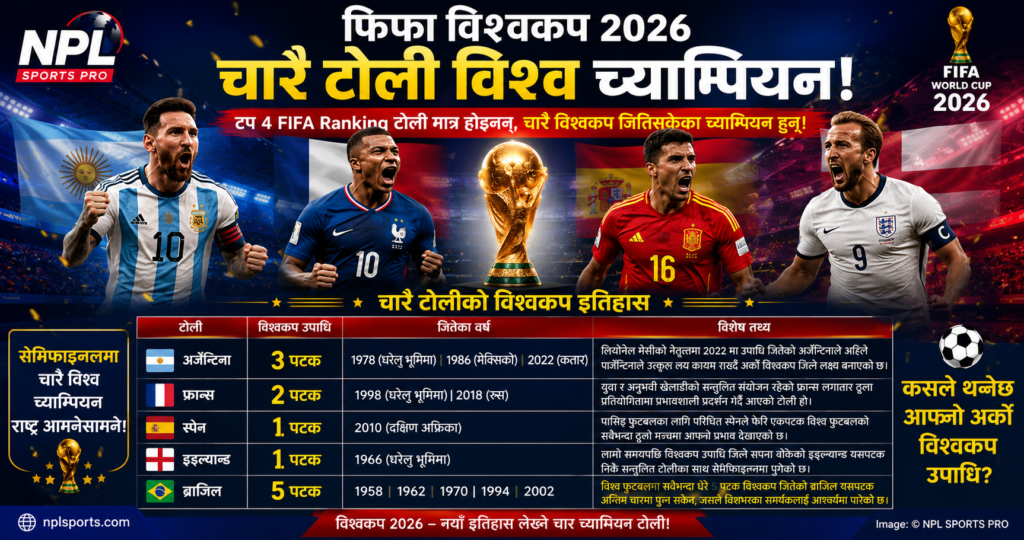 फिफा विश्वकप २०२६: शीर्ष चार टोली मात्रै होइनन्, चारै विश्व च्याम्पियन – ब्राजिल बाहिरिएपछि बनेको दुर्लभ इतिहास